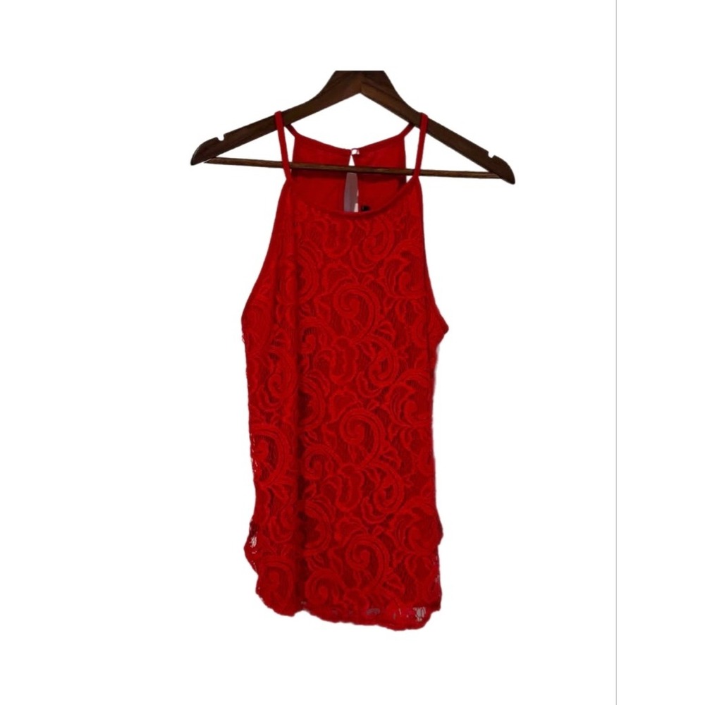 First Love Lace Halter Top Womens Large Red Excellent Floral Sleeveless Keyhole